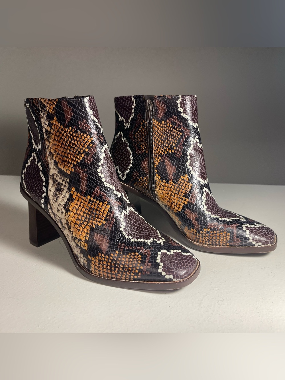 Gibson Latimer Snake-Print Pointed Ankle Boots in Brown & Mustard